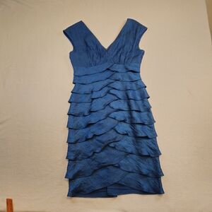 London Style Blue Ruffled Tiered Sheath Dress Size 6 Petite